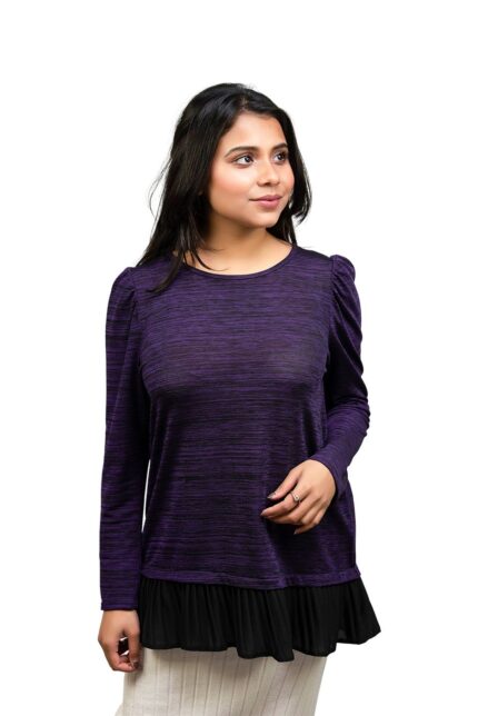 Round Neck Purple Full Sleelve Top For Women